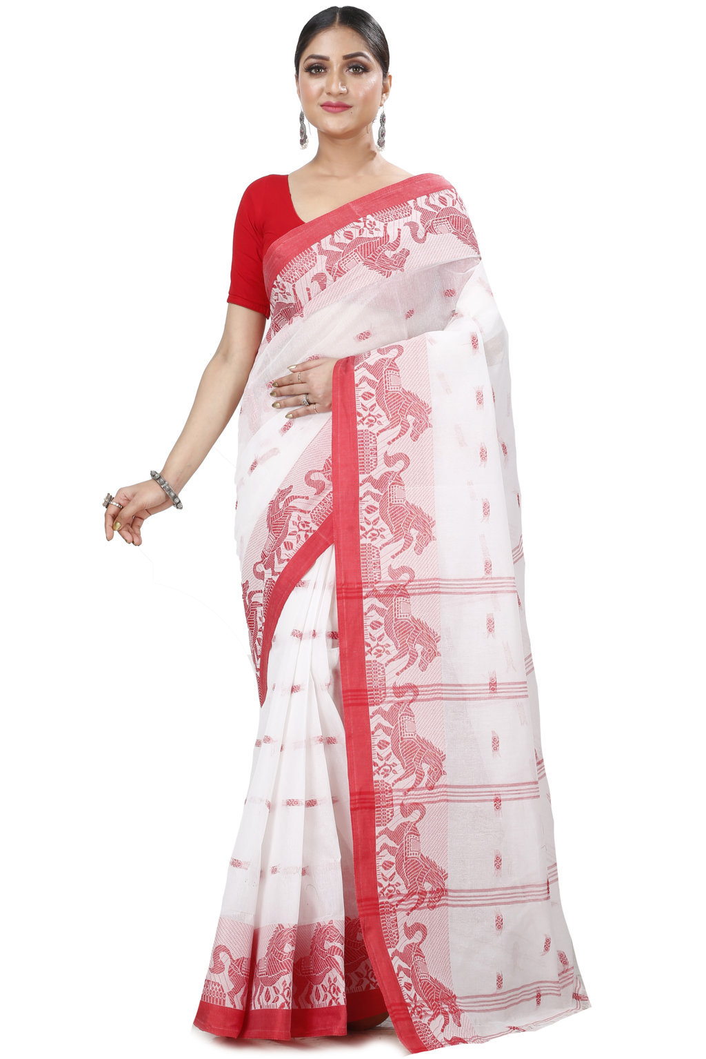 White Red Pure Cotton Indrani Tant Saree (1019)